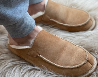 Follkee Slippers Sheep Skin Merino Wool Slippers Mens  House Shoes Slip On Slippers Beige Slippers Leather Slippers Shearling Slippers
