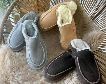 Follkee Slippers Sheep Skin Wool Slippers Mens Slippers House Shoes Slip On Slippers Brown Slippers Leather Slippers Shearling Slippers