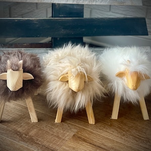 Beautiful Natural Sheepskin Decorative Sheep! Genuine sheepskin and wood! Unique home decoration, perfect toy for kids! Nursery decor