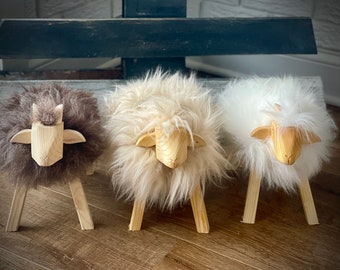 Beautiful Natural Sheepskin Decorative Sheep! Genuine sheepskin and wood! Unique home decoration, perfect toy for kids! Nursery decor