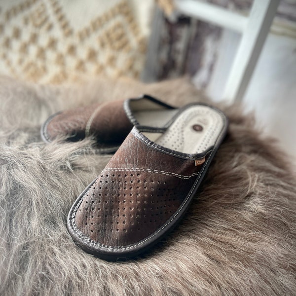 Follkee Brown Mens Slippers Slip on, Sandals, Natural Leather HandCrafted