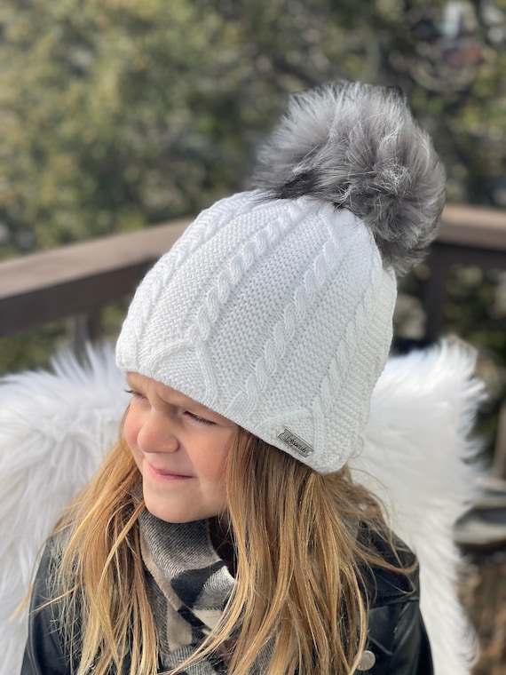 M&S Womens Knitted Faux Fur Pom Hat - Grey