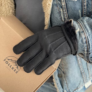 Follkee Mens Leather Gloves Wool Lined Black  Quality Warm and Handmade