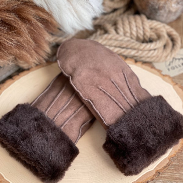 Follkee Sheepskin Leather Mittens Chocolate Brown Premium Quality Handmade