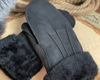 Follkee  Sheepskin Leather Mittens Black on Black Wool Premium Quality Handmade