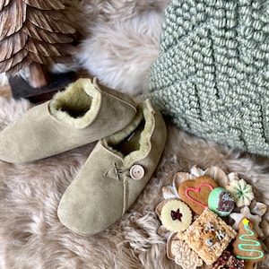 Follkee Bambosh Matcha Green Sheep Skin Wool Lined Handcrafted Shearling Slippers image 1