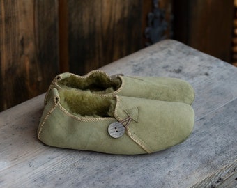 Follkee Bambosh Matcha Green Sheep Skin Wool Lined Handcrafted Shearling Slippers