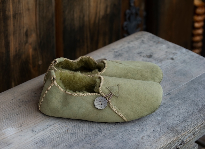 Follkee Bambosh Matcha Green Sheep Skin Wool Lined Handcrafted Shearling Slippers image 2