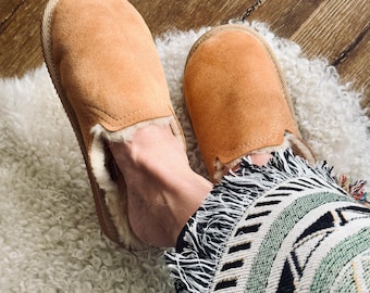 Follkee Slippers Sheep Skin Wool Slippers Mens Slippers House Shoes Slip On Slippers Beige Slippers Leather Slippers Shearling Slippers