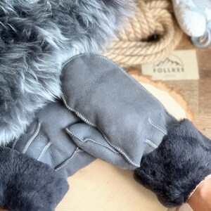 Mittens M, L, XL, Sheepskin Leather Ash Grey Premium Quality Handmade by Follkee
