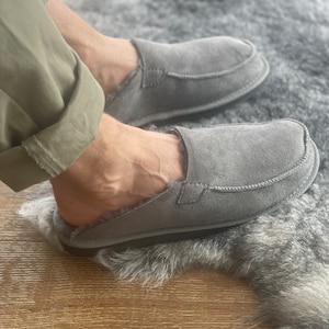 Follkee Slippers Sheep Skin Wool Slippers Mens Slippers House Shoes Slip On Slippers Grey Slippers Leather Slippers Shearling Slippers