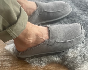 Follkee Slippers Sheep Skin Wool Slippers Mens Slippers House Shoes Slip On Slippers Grey Slippers Leather Slippers Shearling Slippers