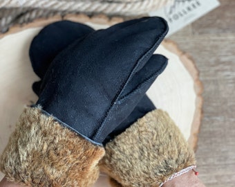 Follkee  Sheepskin Leather Mittens Black Premium Quality Handmade