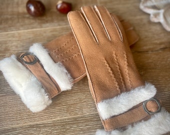 Follkee Women's Gloves Sheepskin Wool Light Brown Natural Beige Warm Gloves Handmade Sustainable