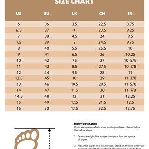 Pode incluir: Uma tabela de tamanhos para sapatos femininos, mostrando os tamanhos US, EU, UK, CM e IN. A tabela est&aacute; em um fundo bege com uma borda marrom. A tabela inclui um diagrama mostrando como medir o seu p&eacute; para o tamanho de sapato correto.