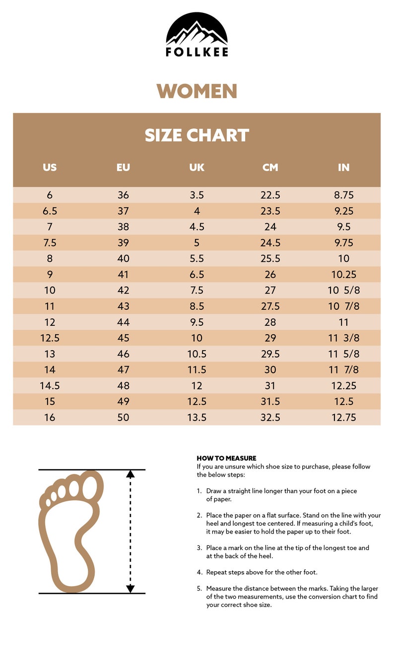 Pode incluir: Uma tabela de tamanhos para sapatos femininos, mostrando os tamanhos US, EU, UK, CM e IN. A tabela est&aacute; em um fundo bege com uma borda marrom. A tabela inclui um diagrama mostrando como medir o seu p&eacute; para o tamanho de sapato correto.