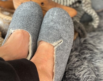 Follkee Women's Slippers Gray / Ultra Light / Wool Felt/ Wool Lined/ Slip on/ Cute Slippers