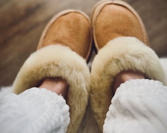 Follkee Women&#39;s Size US 6-10 Slippers Slip on Beige 100% Wool Leather Handcrafted Luxury Great Gift