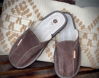 Follkee Brown Mens Slippers Slip on, Sandals, Natural Leather HandCrafted