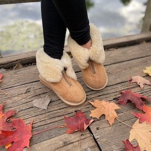Follkee Women Sheepskin Slippers House Shoes Handmade Organic Wool Slippers