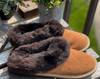 Follkee Women's Size 6-10 Slippers Slip on Dark Brown 100% Wool Leather Handcrafted Luxury