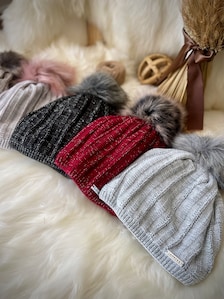 Fur Fluffy PomPom Women's Beanie Hat, Fleece Lined, Women Winter