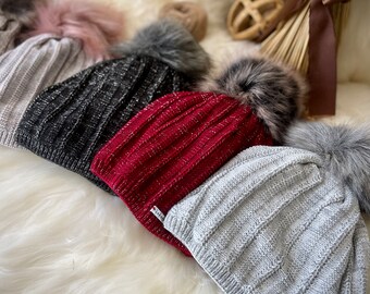Fur Fluffy PomPom Women's Beanie Hat, Fleece Lined, Women Fall/Winter Hat, Chunky Hat, Knit Hat