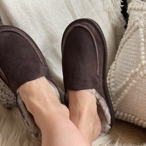 Follkee Slippers Sheep Skin Wool Slippers Mens Slippers House Shoes Slip On Slippers Brown Slippers Leather Slippers Shearling Slippers