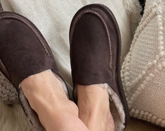 Follkee Slippers Sheep Skin Wool Slippers Mens Slippers House Shoes Slip On Slippers Brown Slippers Leather Slippers Shearling Slippers