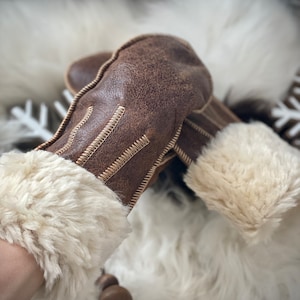 Follkee  Sheepskin Leather Mittens Light Chocolate Premium Quality Handmade