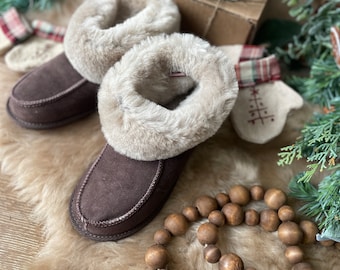 Follkee Slippers  100% Sheep Skin Wool Lined Handcrafted Sustainable Brown