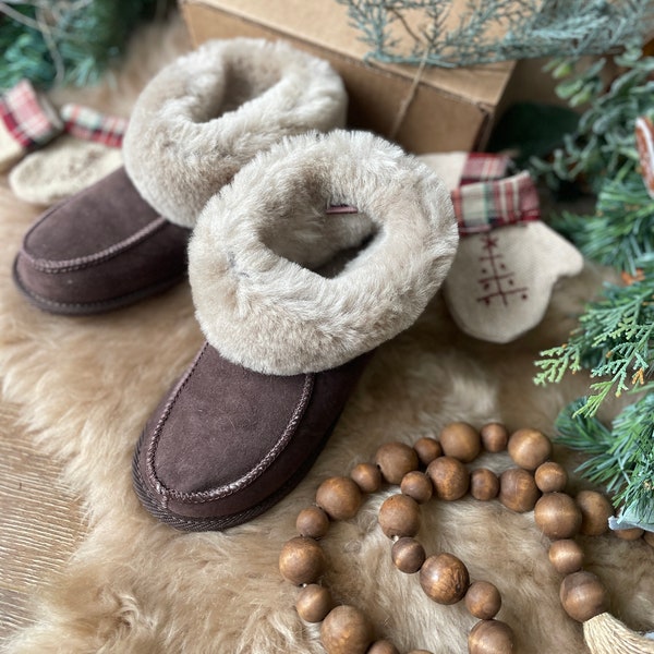 Follkee Slippers  100% Sheep Skin Wool Lined Handcrafted Sustainable Brown