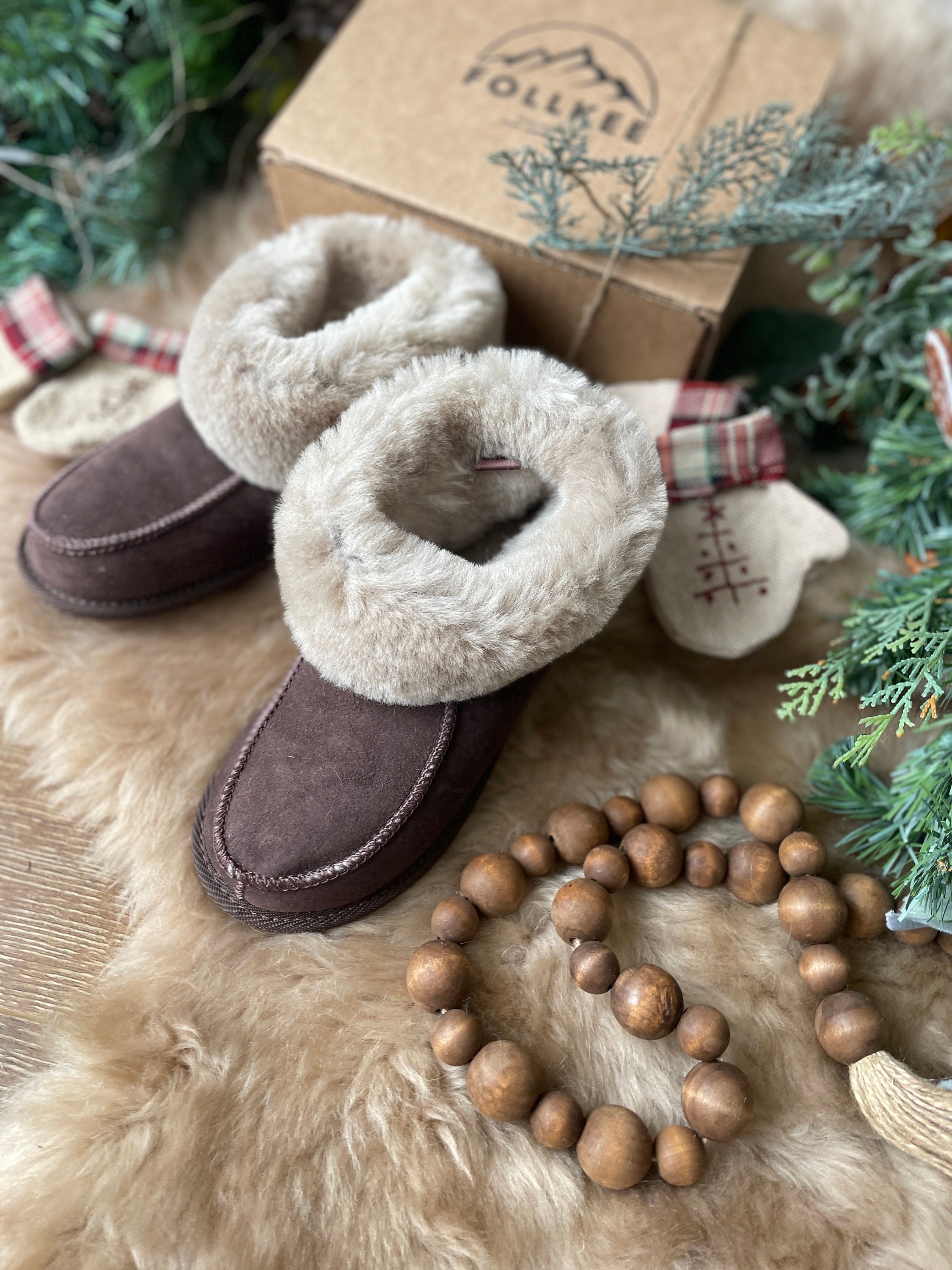 Follkee Slippers 100% Sheep Skin Wool Lined Handcrafted Sustainable Brown -   Canada