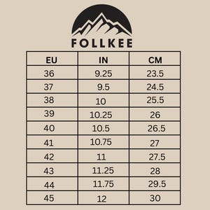 May include: A size chart for shoes showing European (EU), US (IN), and centimeter (CM) measurements. The chart shows sizes from 36 to 45.