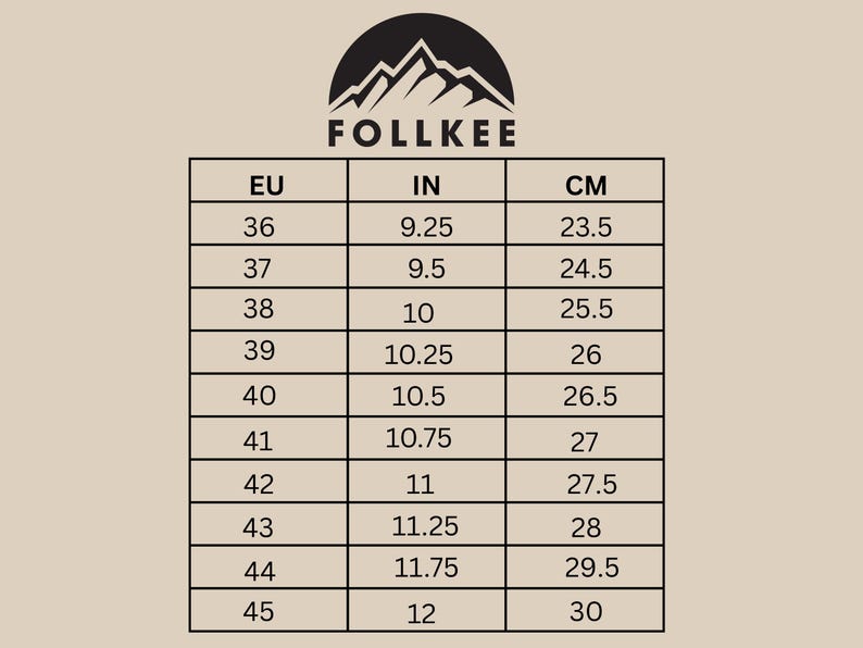 May include: A size chart for shoes showing European (EU), US (IN), and centimeter (CM) measurements. The chart shows sizes from 36 to 45.