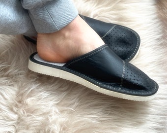Follkee Men's Black Slippers Genuine Leather Handcrafted Luxury