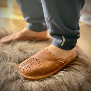 Follkee Ginger Brown Mens Slippers Slip on, Sandals, Natural Leather HandCrafted