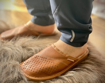 Follkee Ginger Brown Mens Slippers Slip on, Sandals, Natural Leather HandCrafted