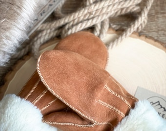 Follkee Women's Mittens Sheepskin Wool Mittens Light Brown Natural Beige Warm Gloves Handmade Sustainable