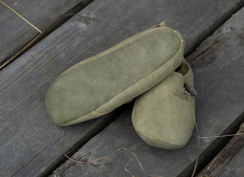 Follkee Bambosh Matcha Green Sheep Skin Wool Lined Handcrafted Shearling Slippers image 3