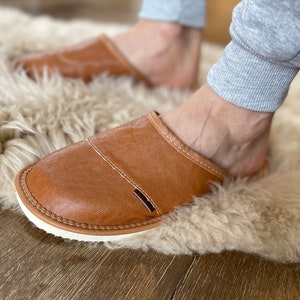Follkee Brown Mens Slippers Slip Free Shipping Eco Leather
