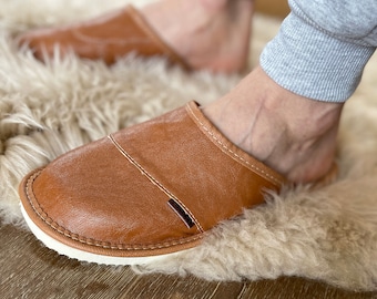 Follkee Brown Mens Slippers Slip Free Shipping Eco Leather
