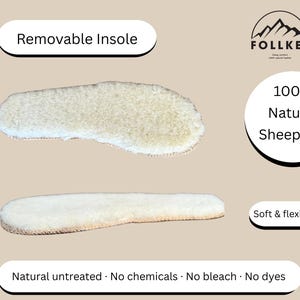May include: Two white sheepskin insoles, one curved and one straight, with the text "Removable Insole" and "100% Natural Sheepskin" in black text. The text "Soft & flexible" and "Natural untreated. No chemicals. No bleach. No dyes" is also visible.