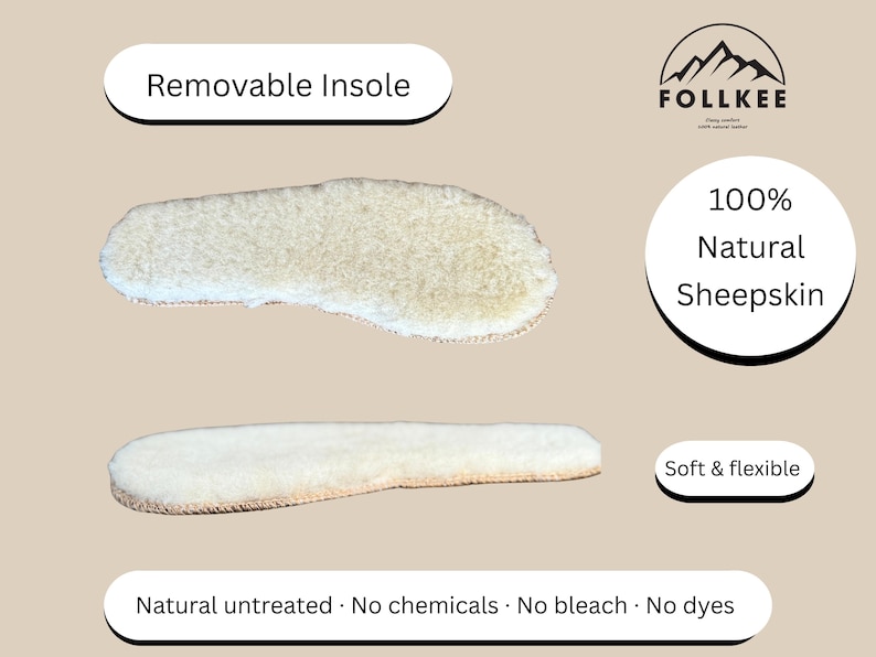 May include: Two white sheepskin insoles, one curved and one straight, with the text "Removable Insole" and "100% Natural Sheepskin" in black text. The text "Soft & flexible" and "Natural untreated. No chemicals. No bleach. No dyes" is also visible.