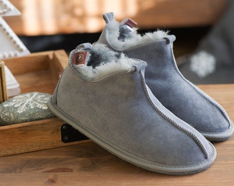 Follkee Slippers Ash Gray Sheep Skin Wool Lined Handcrafted