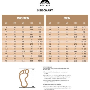 May include: A shoe size chart with separate columns for women and men. The chart lists US, EU, UK, centimetre, and inch measurements for each shoe size.