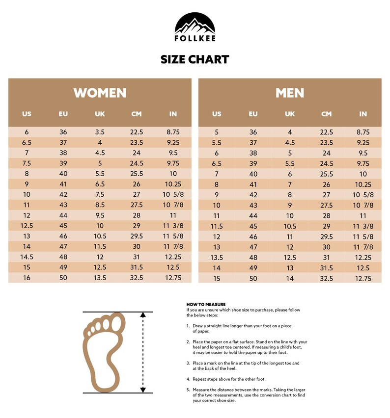 May include: A shoe size chart with separate columns for women and men. The chart lists US, EU, UK, centimetre, and inch measurements for each shoe size.