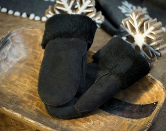 Follkee Sheepskin Leather Mittens Black  Premium Quality Handmade