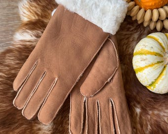 Follkee Women's Gloves Sheepskin Wool Light Brown Natural Beige Warm Gloves Handmade Sustainable