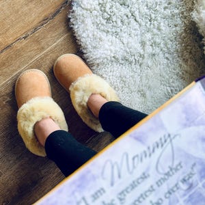 Follkee Kids Slip-on BAMBI Sheep Skin Merino Wool Slippers House Shoes Beige Slippers Leather Barefoot Grounding